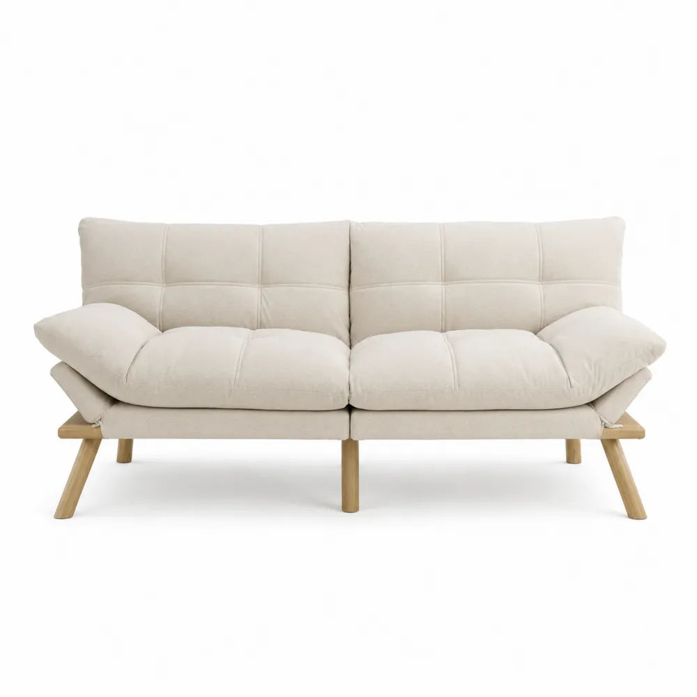 Sofá de tela beige con patas de madera de 180 cm