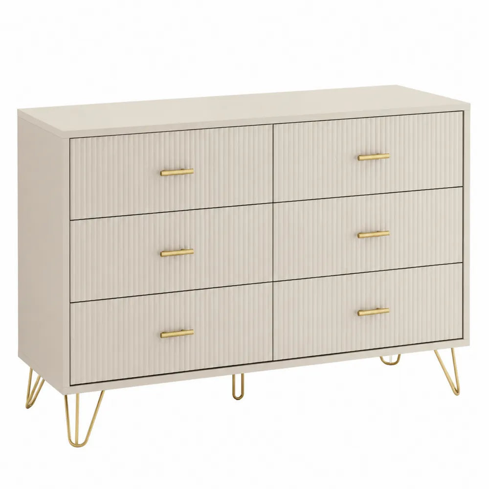 Cómoda de madera y metal de 6 cajones blanco con tiradores y patas doradas