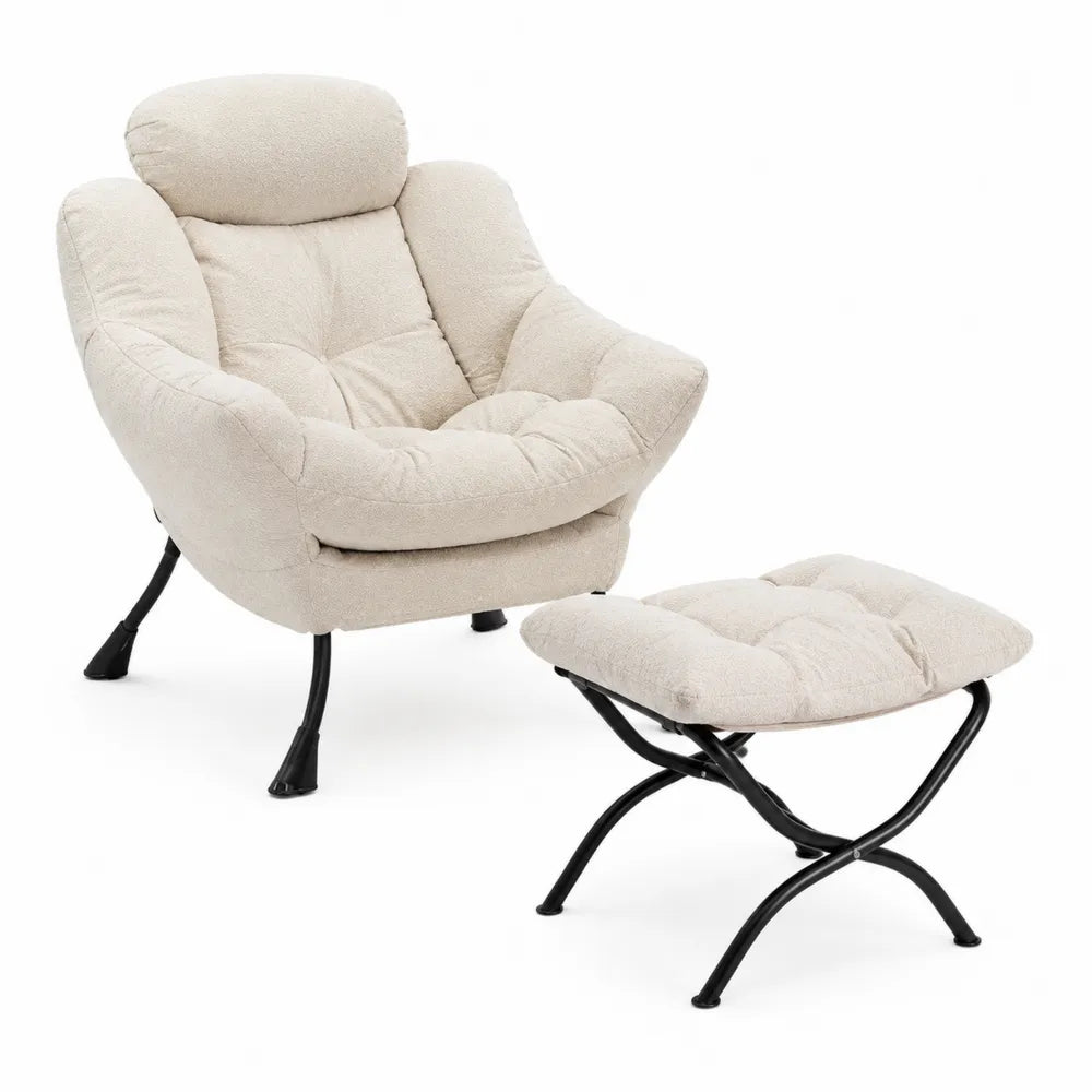 Sillón y reposapiés de poliéster beige con estructura de acero