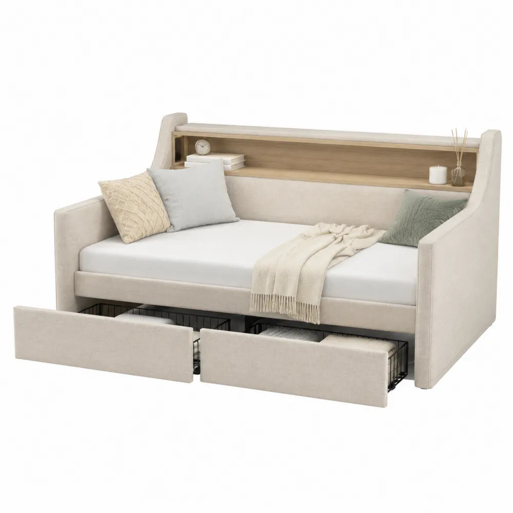 Sofá cama tapizado con almacenamiento y estantería integrada beige
