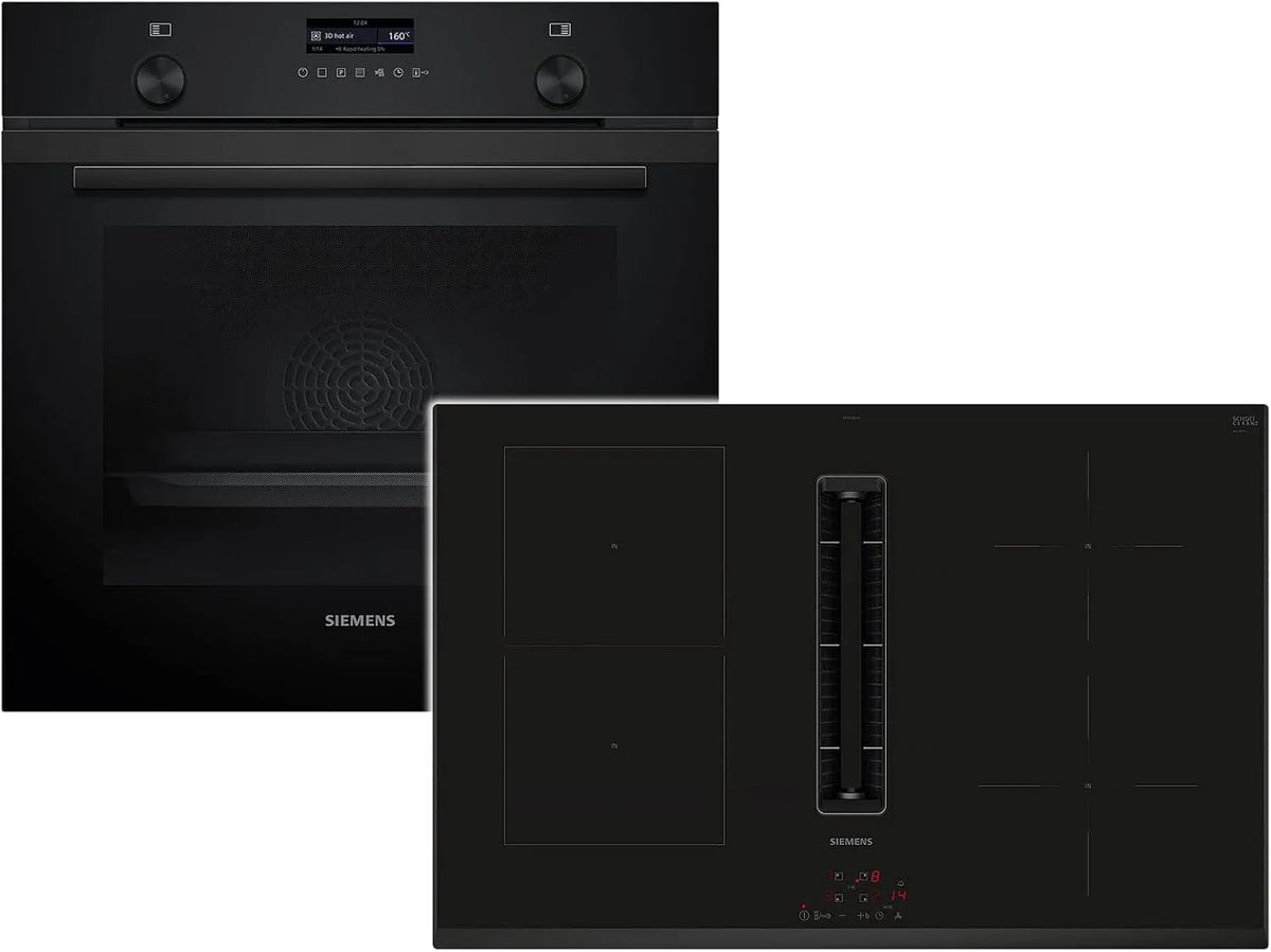 Siemens PQ527EA6BZ HB279GBB3, Komfursæt, Set Pyrolyse Bagning Furnace Deep sort Inox + Induction Coobec Fume ED851BS16E, Sort / sølv, 279G