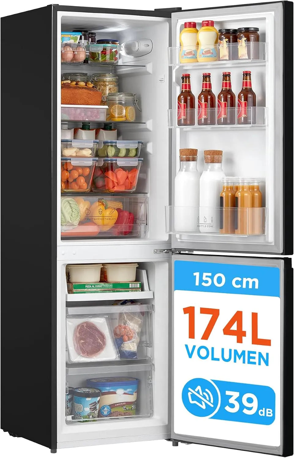 Comfee, Køle-/fryseskabe, 174L køleskabe-fryser kombination, 150cm H, 39dB, Low Frost, 180 ° flip- regal, Hvid, 174L, 150cm, 115L