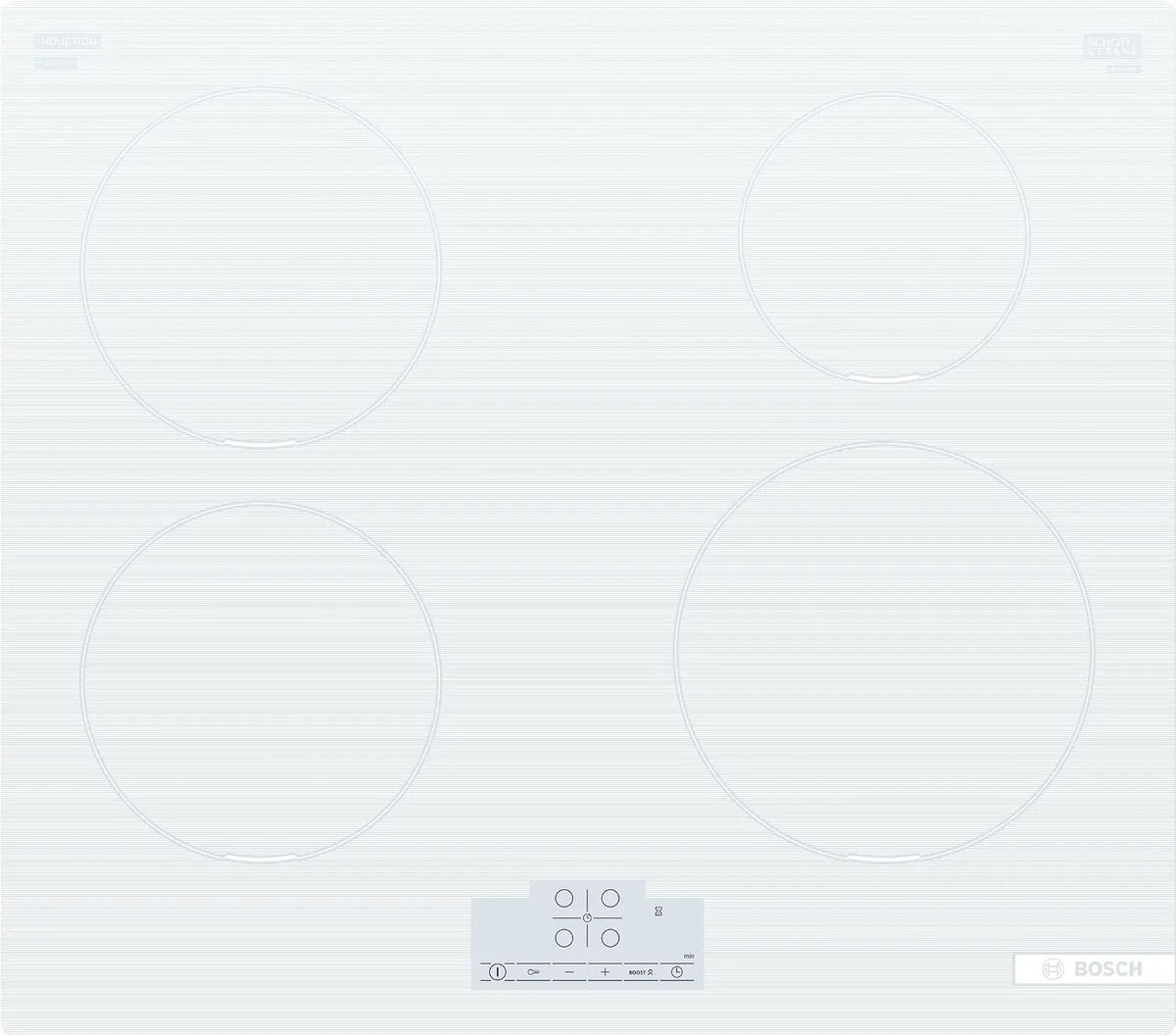 Bosch 4-Zonen PUE612BB1E, Kogeplader, Serie 4 induktionshabs 60 cm 4 zoner Standard hvid, Hvid, 60 cm, 1 kW