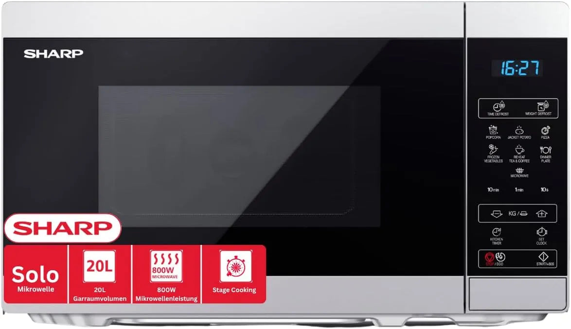 SHARP YC-MS02E-S, Solo-mikrobølgeovne, mikrobølgeovn 20L, sølv / sort, 800W mikrobølgeovn magt, fuldt digital kontrol, 20L, 800W