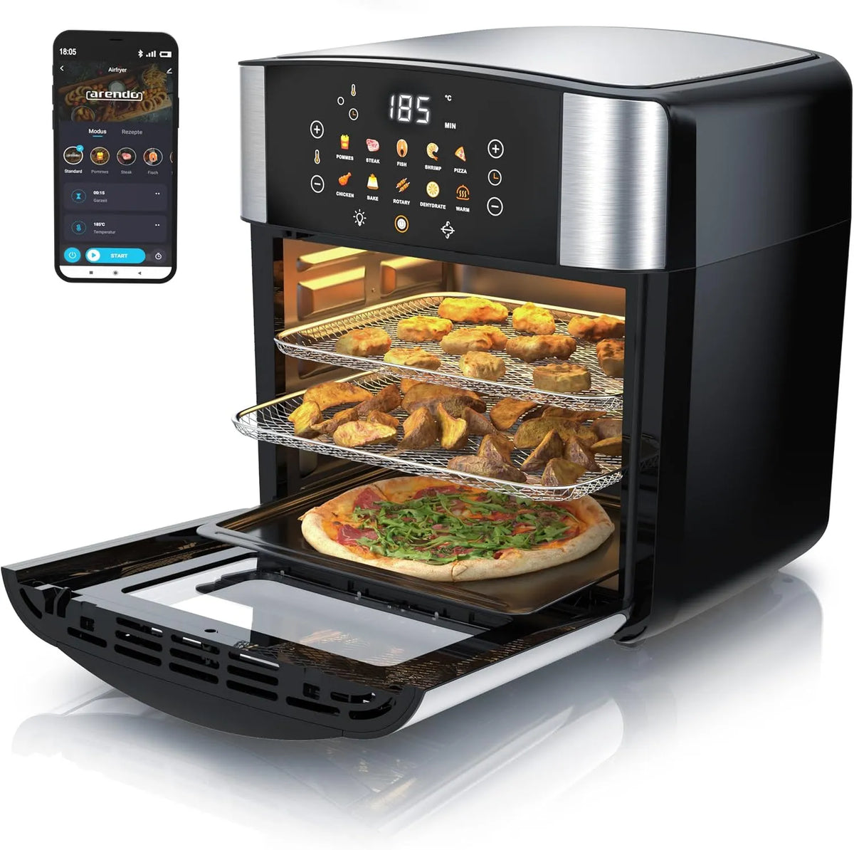 Arendo, Airfryere, Hot Air Fryer XXL Smart Wlan - Ekstra store 16 liter - Ovn Conveyed luft - Grill, Sort / sølv, 16 l, 1800 w, 24 cm, 37 cm