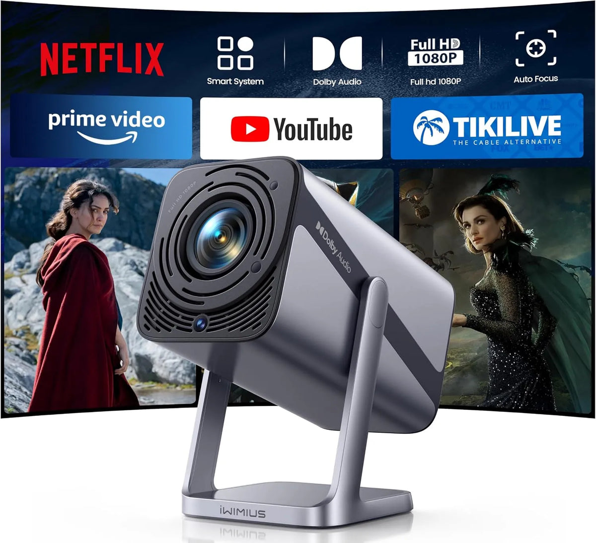 WiMiUS 2-Wege 600ANSI, Projektorer, Mini Beamer 4K Smart Beamer 4K Fuld HD 1080P Auto Focus Auto Lodret Trapez, Sort, 4K, 60 Hz, 10.000 v, 10W