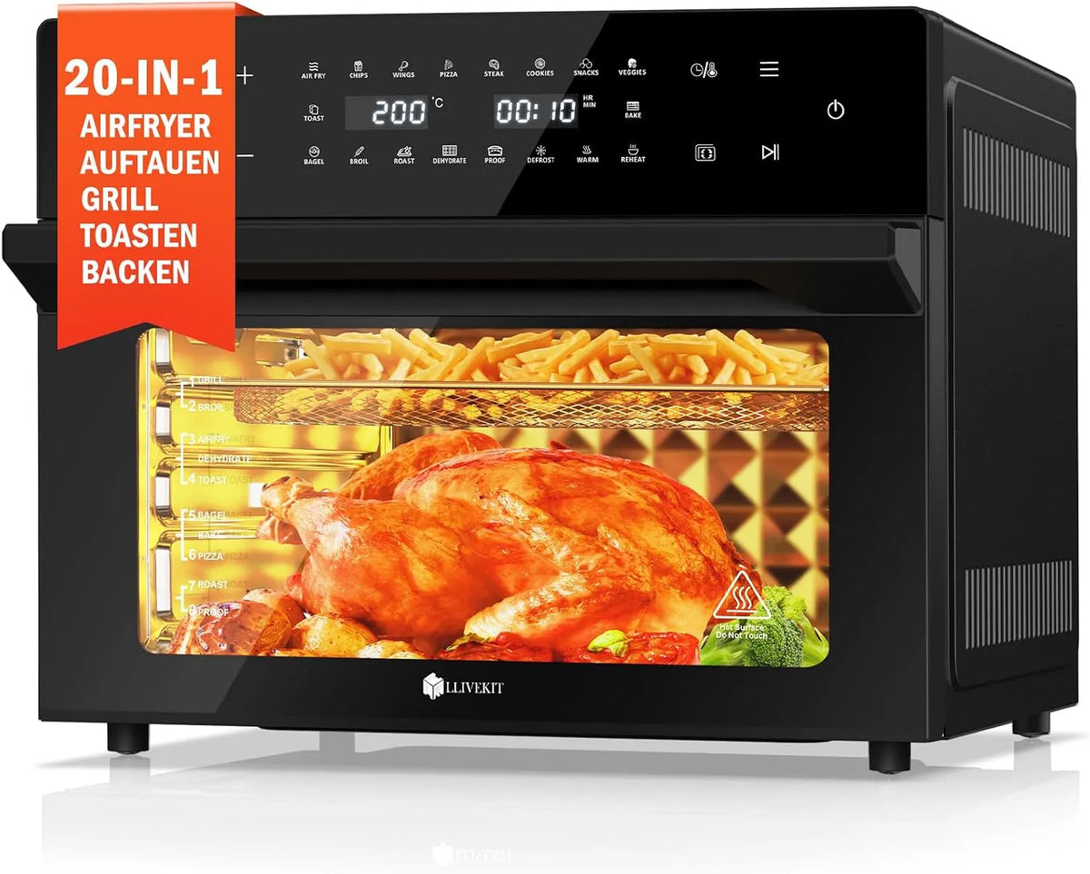 LLIVEKIT, Airfryere, 30L Varmefri fritureovn XXL, miniovn recirkuleret luft med 20 programmer, Sort / sølv, 30L, 1800 w, 60 dB, 46 cm