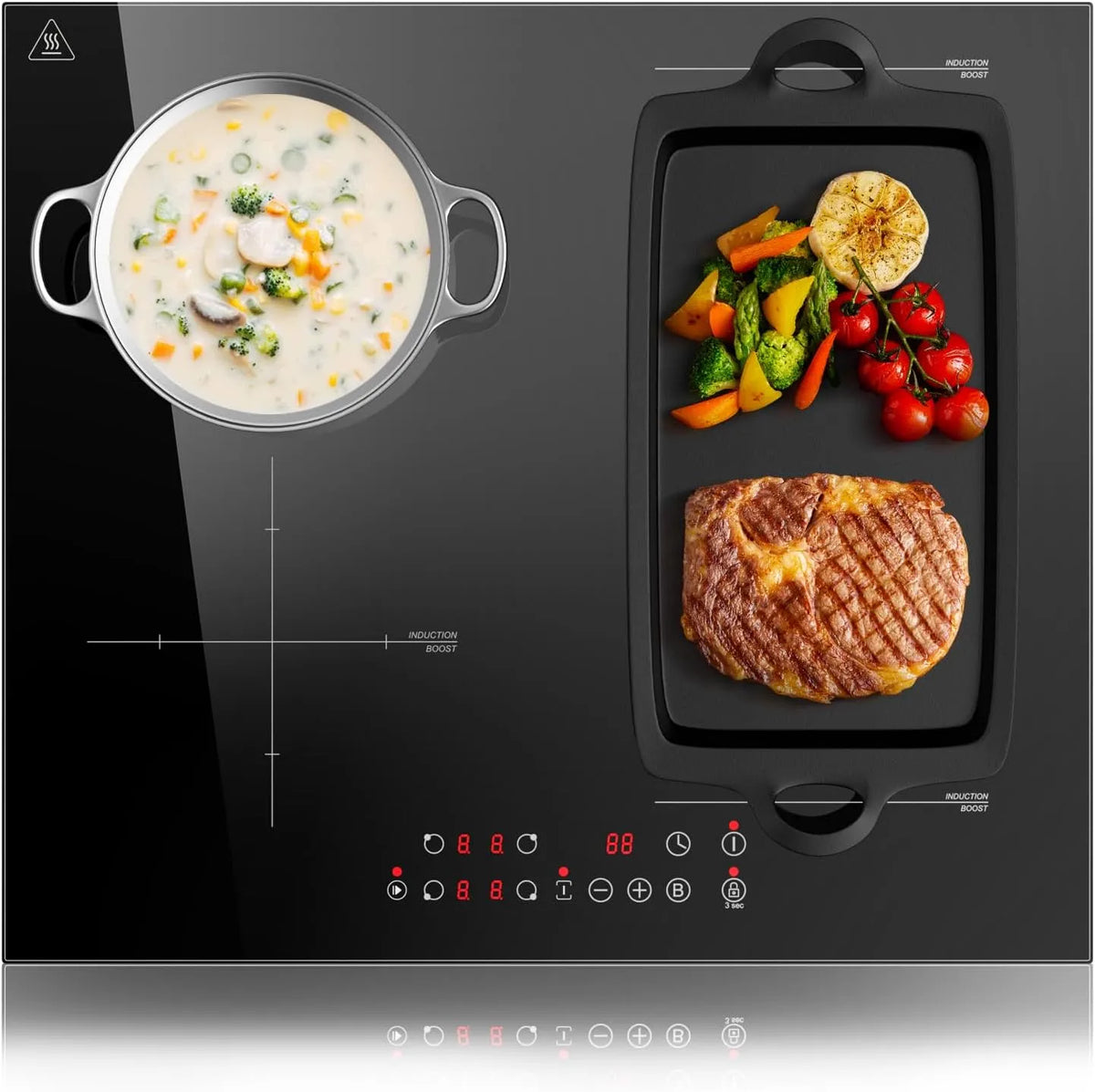 KICHPOWER, Kogeplader, Induktionsspole 4 zoner med 1 flex zone, bygget-in induktionsspole 60 cm, Sort, 60 cm, 6000W, 49 cm