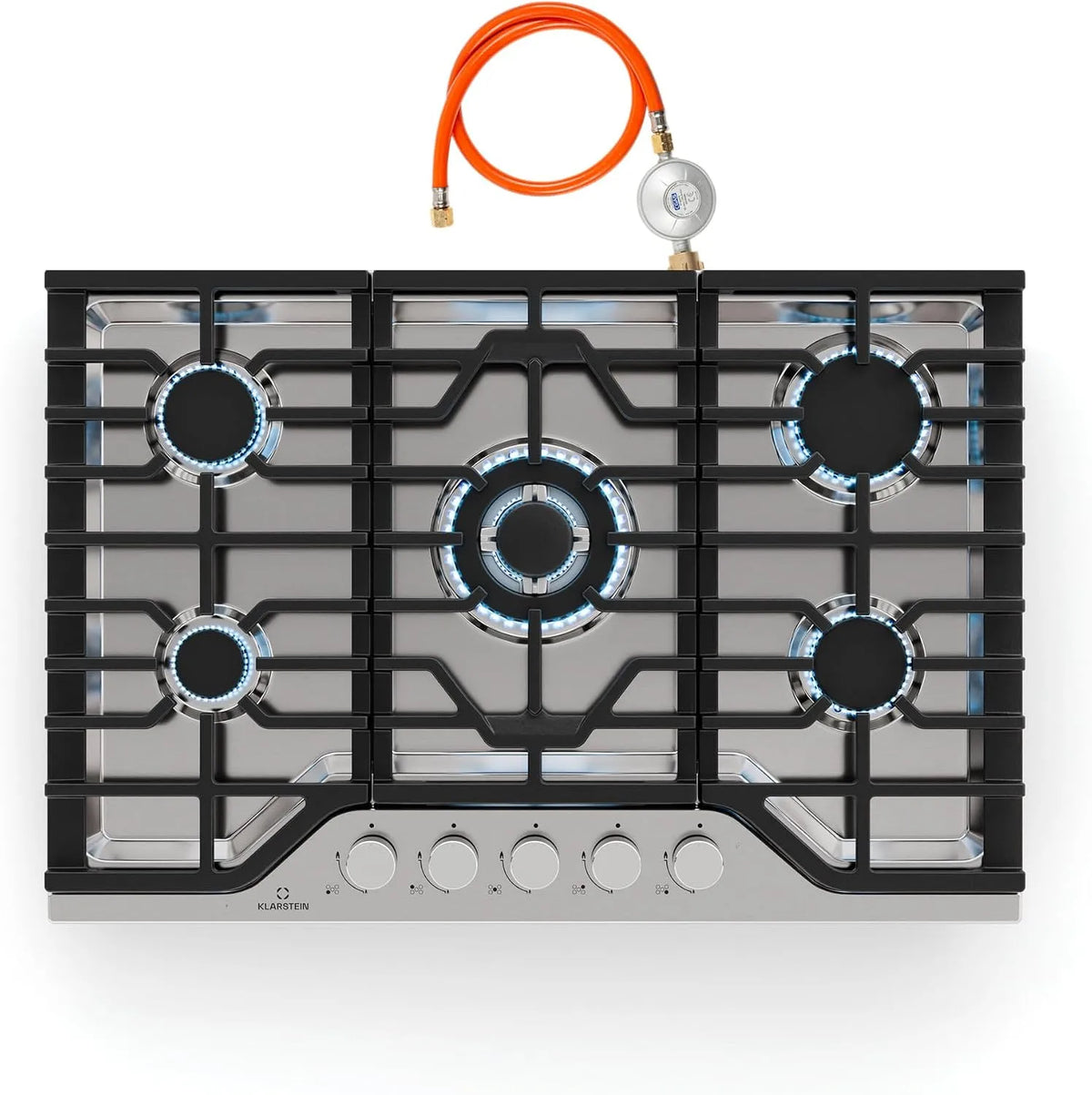 Klarstein 5-Brenner, Kogeplader, Turbocast Gas Kochfeld - 5-brænder rustfrit stål 304, 3, 4 kW Wokbrenner, Sølv, 4 kW, 750x500 mm, 304 g