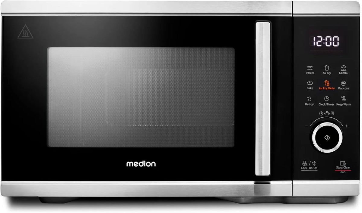 MEDION MD11499, Multifunktionelle mikrobølgeovne, Mikrobølgeovn med varmluftsfritter funktion (25 liter, 1.500 watt varm luft, 900, Sort / sølv