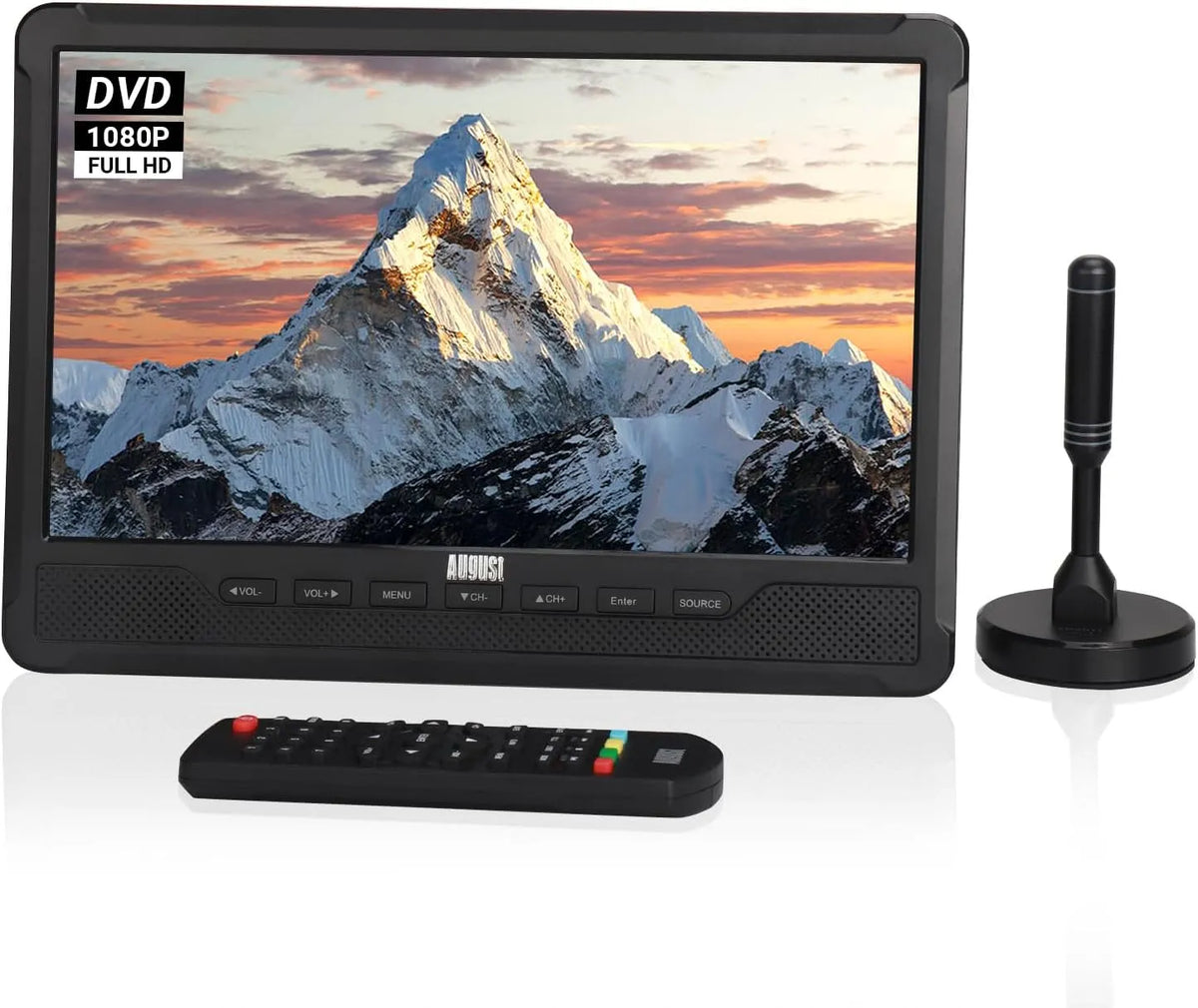 August DA383, TV og hjemmebiograf, 10 ′ bærbar HD-tv med DVD-afspiller & integreret batteri, Sort, 12V, 192 G, 32 G, 17.5cm