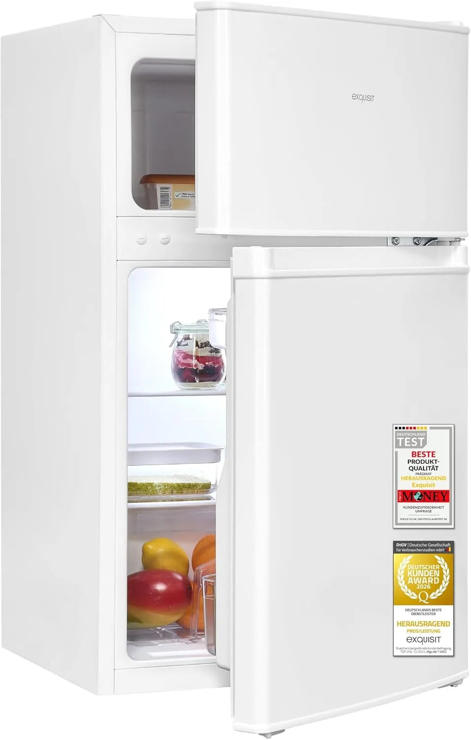 Exquisit 4-Sterne, Køle-/fryseskabe, Udsøgt køleskab med fryser, 85 l, 4 stjerner, LED, Lille, Hvid, 61 l, 24 l, 2, 4 kg