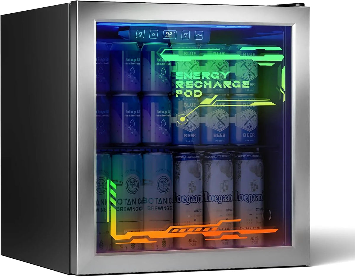 TRIUMPHKEY, Drikkevarekøleskabe, TRIMPHKEY 50L Drikkevarekøler med glasdør og RGB LED belysning, Hvid, 50L, 38 dB