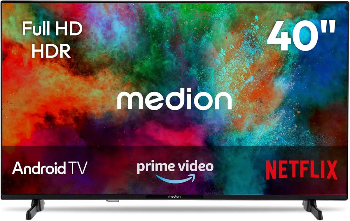 MEDION, TV'er, 100, 3 cm (40 tommer) Fuld HD-tv (Android-tv, Smart TV, HDR, Prime Video, PCR, Sort, 3 cm, Full HD, 1W