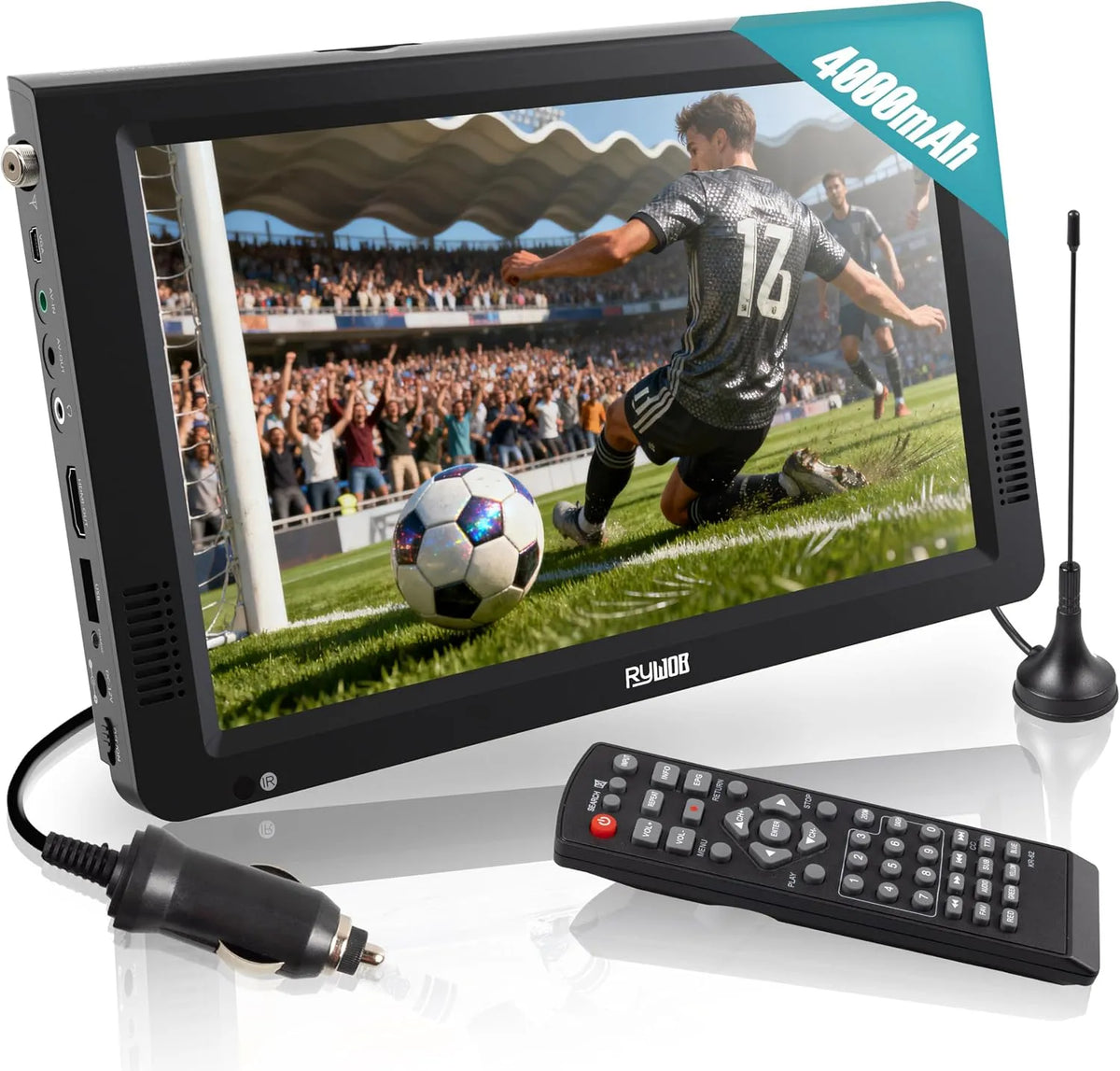 Rywob 10-Zoll-TV 10-tommer, TV og hjemmebiograf, Bærbart TV med 1080P, ATSC, HDMI, USB og AV-indgang, fjernbetjening og tv-mount, Sort, 12, 7 cm