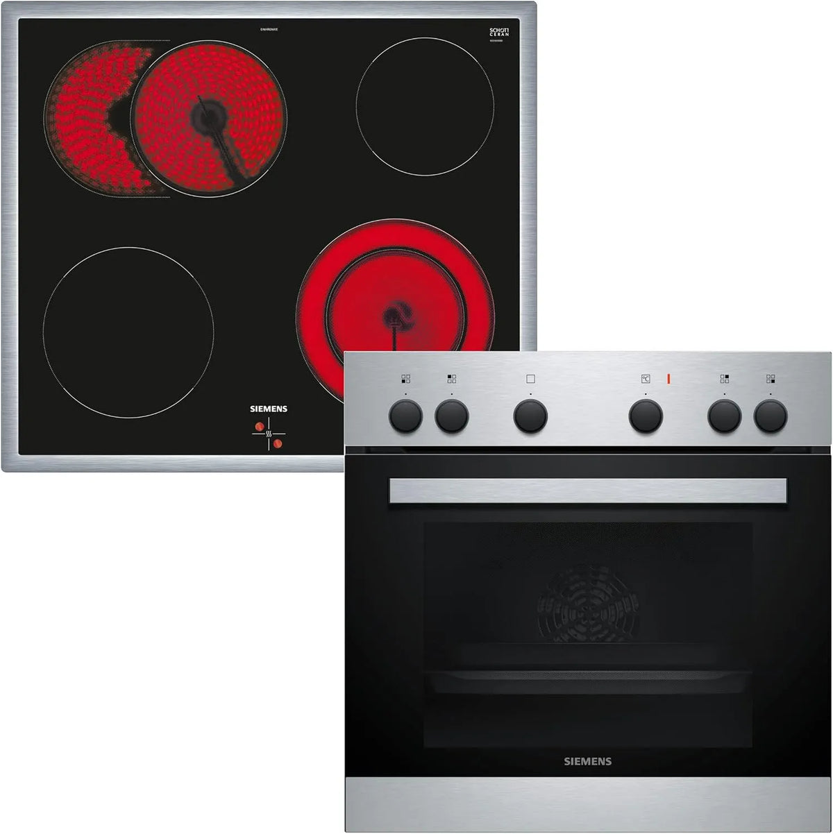 Siemens 3D-Hei EQ110KA2EE, Komfursæt, iQ100 stove- glas- ceramic-cooktop kombination (stove- kontrolleret), 59, 4 cm, Sort, 66l, 0, 79kW