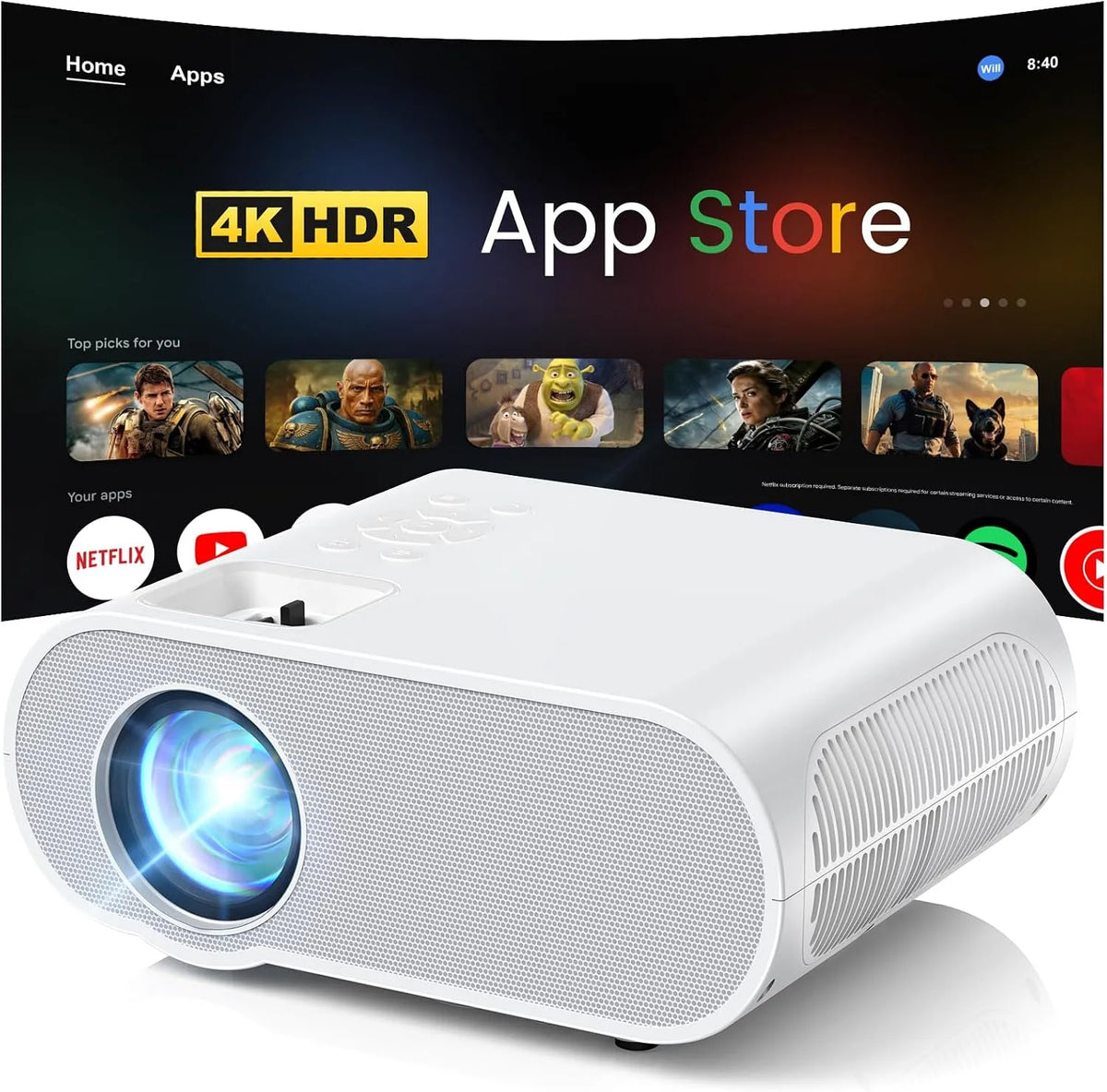 HOMPOW 1080P, Projektorer, WiFi Bluetooth Smart Beamer Google TV Netflix Officiel licens 4K Support Native, Sort, 4K, 1920 x 1080, 5G, 2.4G