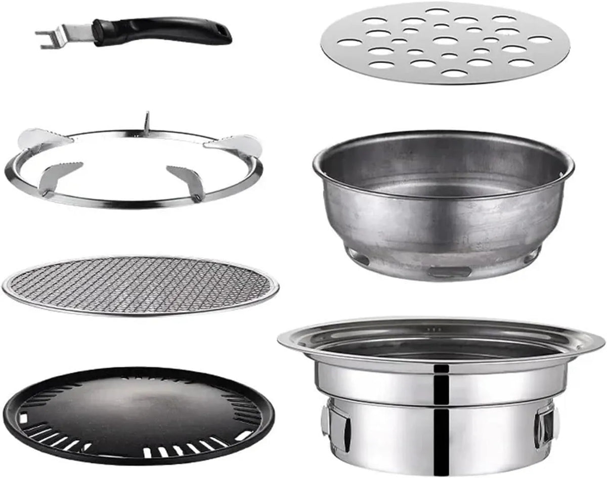 HBDNZMBDLS, Transportable grillapparater, Bærbar koreansk kulkulovn, rustfrit stål rund grill ovn, Sølv
