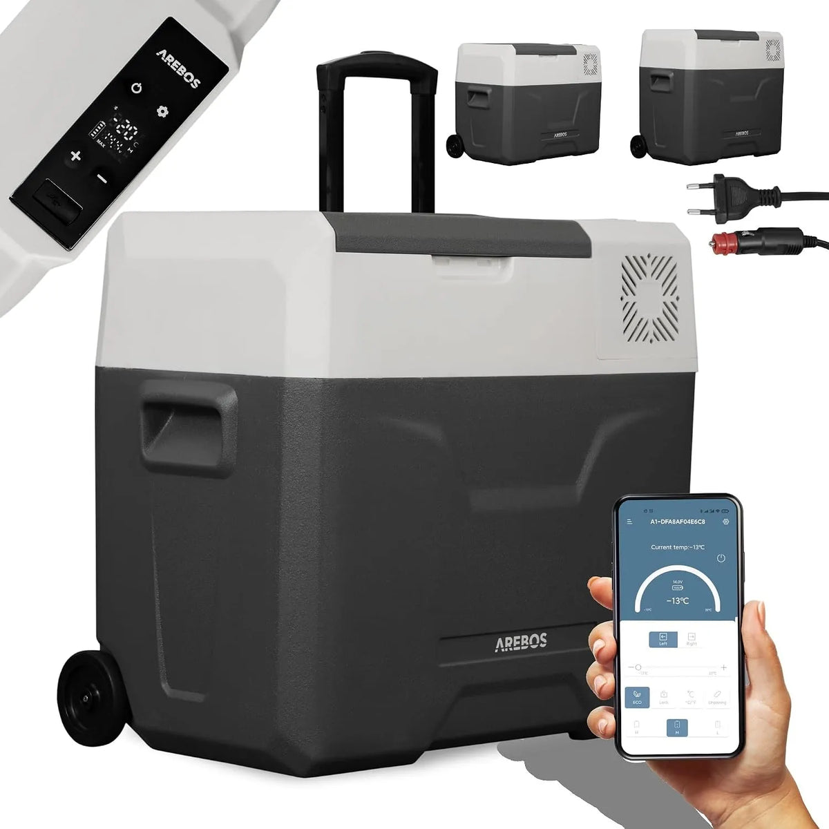 Arebos, Køleskabe, Compressor Cooling Box med Rollers 47L Elektrisk Fryser Box med APP & Smart, Sort, 47L, 24 V, 230V, 18 g