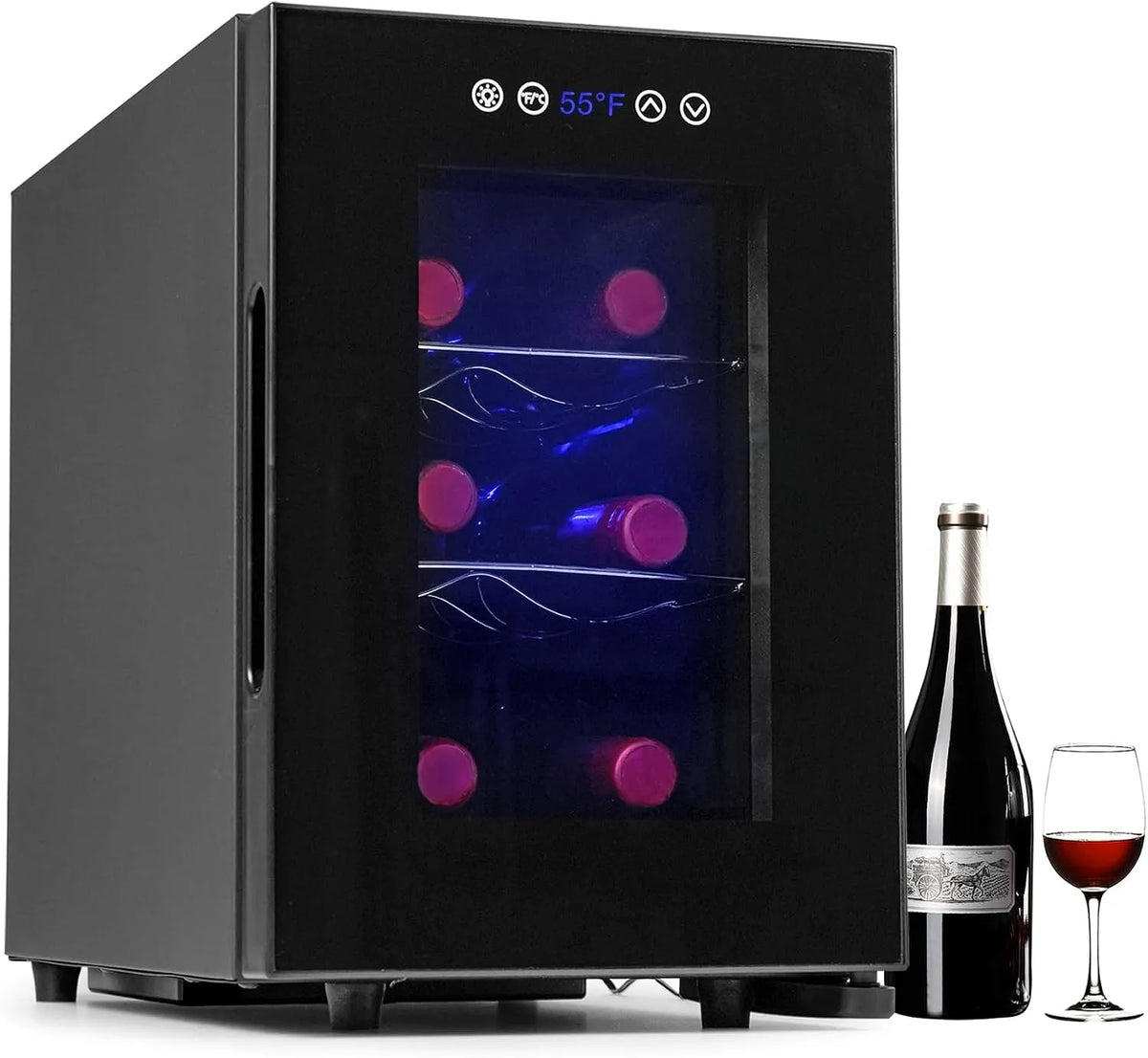 Iceblue 6-Flaschen-Weink 6-flaske, Drikkevarekøleskabe, Ice Blue Wine Køleskab, Digital Temperaturkontrol for hvid og rød vin køler, Sort
