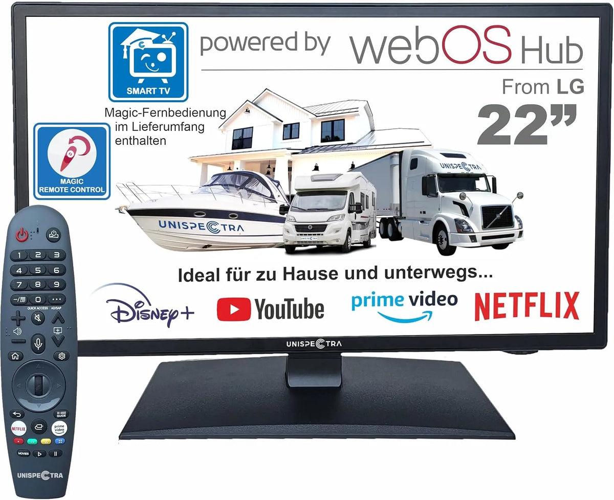 Unispectra 3xHDMI 2xUSB, TV og hjemmebiograf, ® 22 ′ 'Smart TV (webOS) Fuld HD 230V 24V Triple Tuner: Satellit, Antenna, Sort, 230V, 24V, 12V