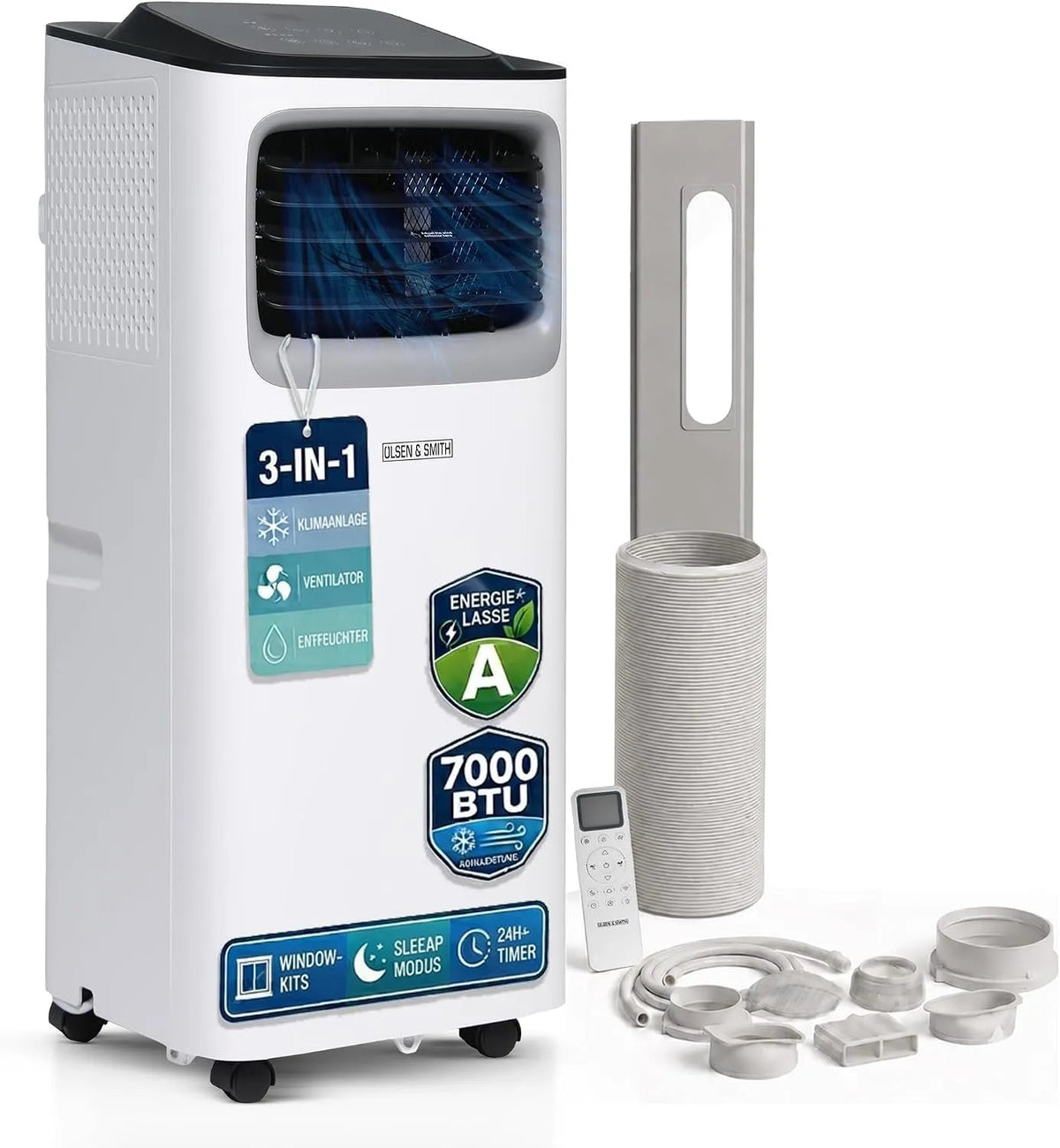Olsen & Smith 3-in-1 in-1, Mobile klimaanlæg, 7000 BTU Mobile Air Conditioning, 3- med udstødning Slange, Hvid, 7000 BTU, 2, 0 kW, 2000 W