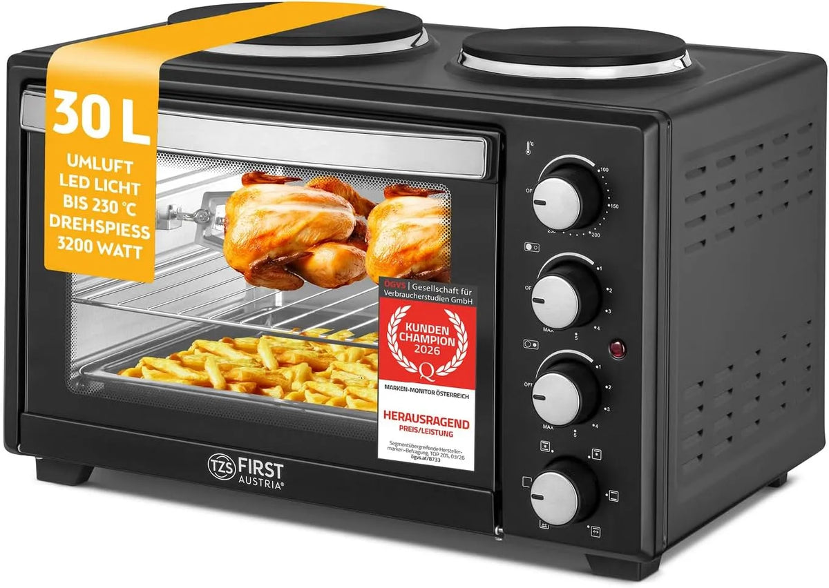 TZS First Austria, Miniovne, Mini ovn med kogeplader 30L 3200 W - Mini ovn pizza ovn med komfur plader op til, Sort / sølv, 30L, 3200 W, 6 v