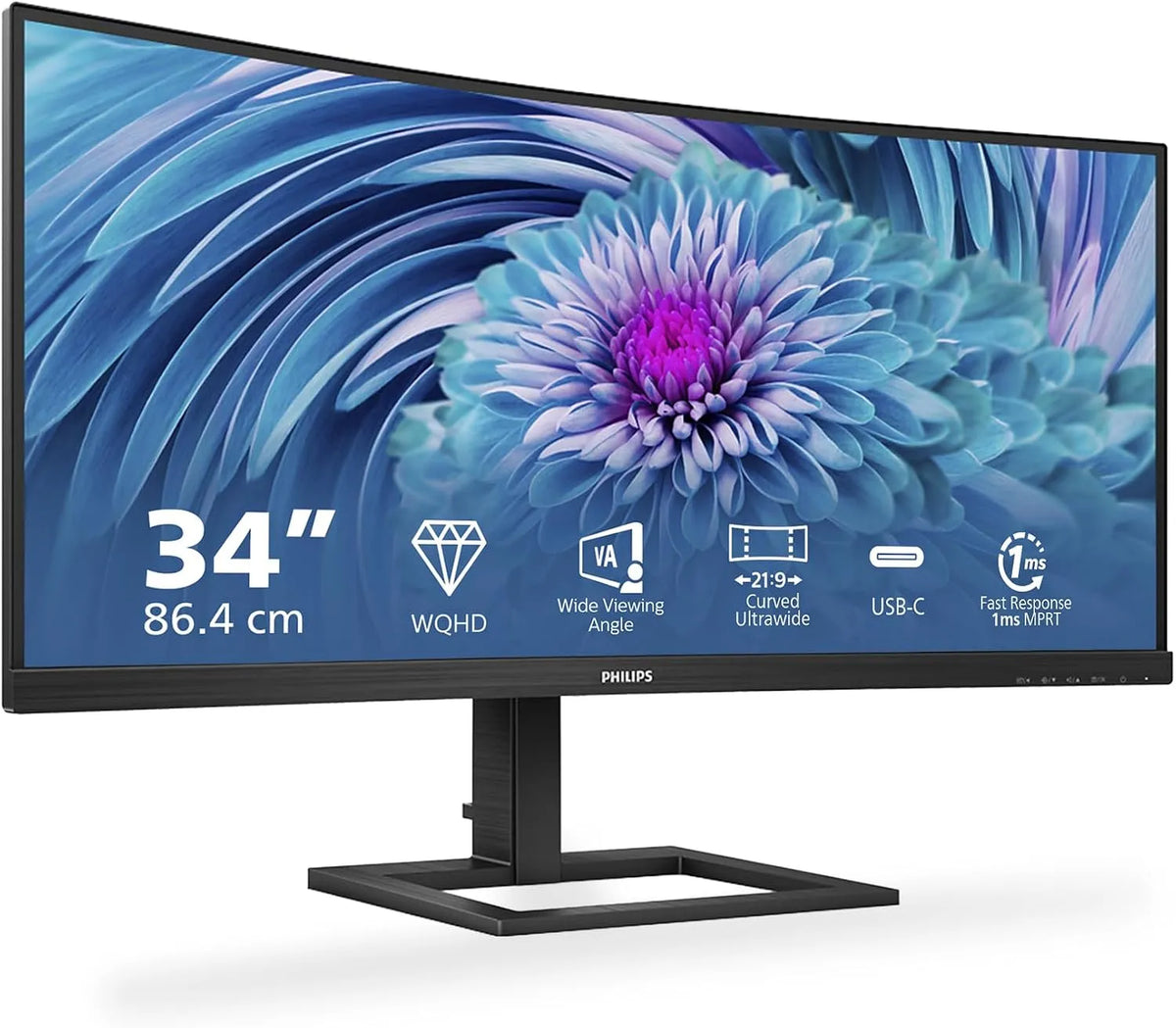 PHILIPS 346E2CUAE, Skærme, 34 tommer WQHD buet USB- C Docking Monitor (3440x1440, 75 Hz, HDMI, DisplayPort, Sort, 3440x1440, 1500 mm