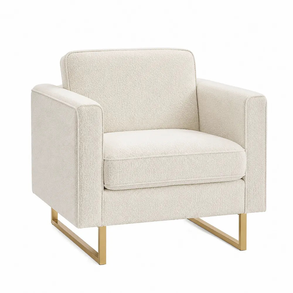 Sillón de poliéster beige con base metálica dorada