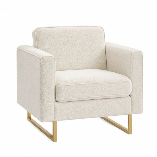 Sillón de poliéster beige con base metálica dorada