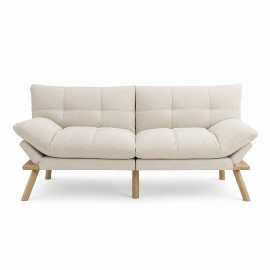 Sofá de tela beige con patas de madera de 180 cm