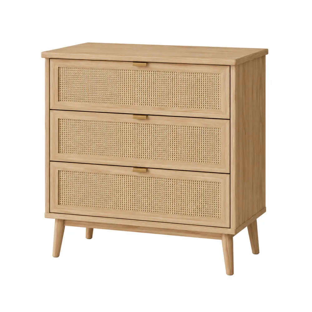 Cajonera de Madera y Ratán con 3 Cajones, Roble Claro