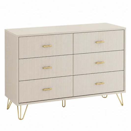Cómoda de madera y metal de 6 cajones blanco con tiradores y patas doradas
