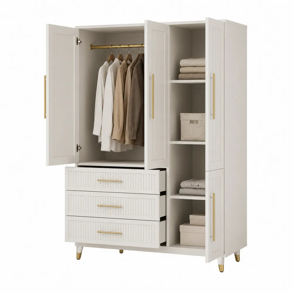 Armario de dormitorio blanco con puertas y cajones de metal y MDF
