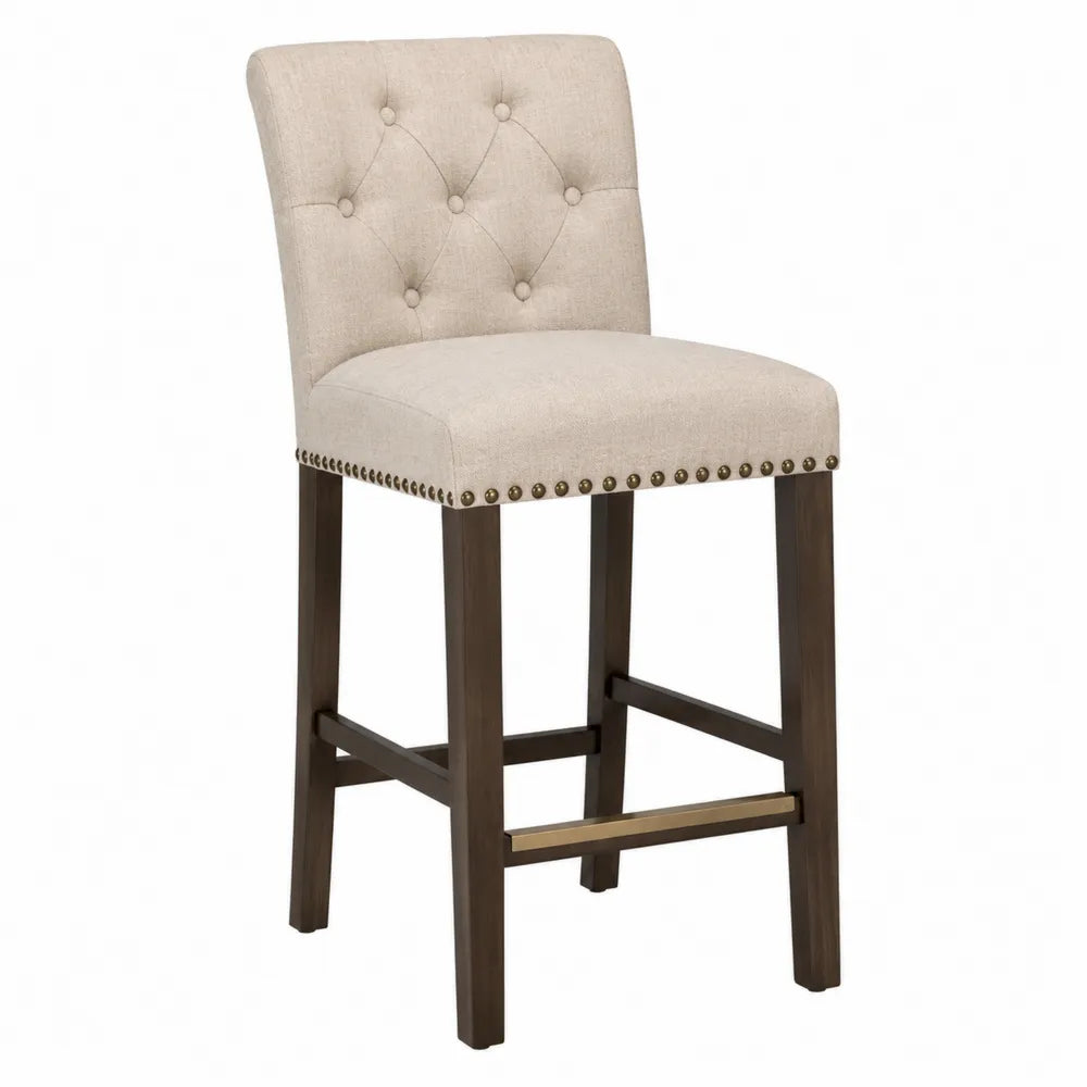 Taburete de barra con respaldo tapizado beige y patas de madera