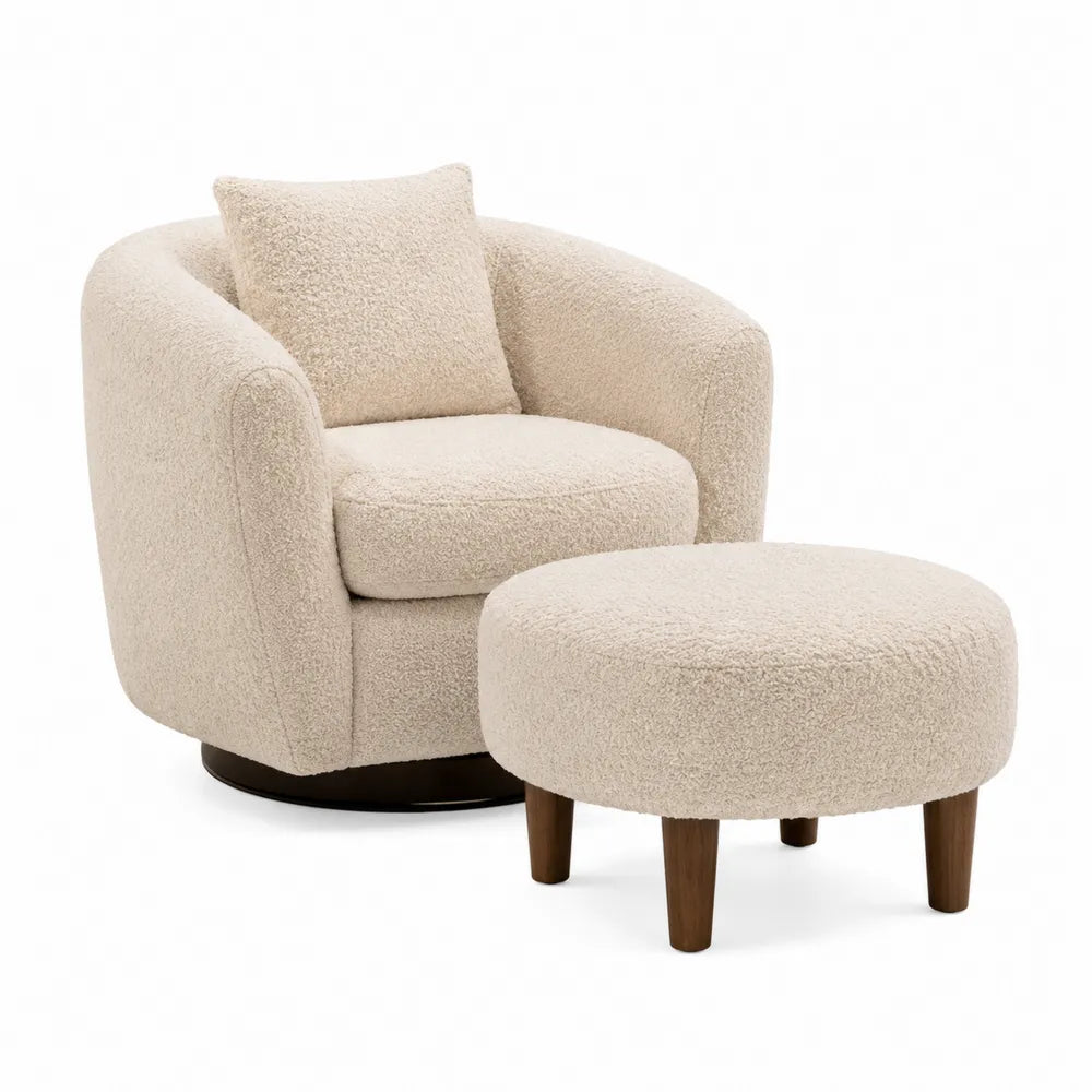 Sillón giratorio beige en tela boucle con reposapiés y patas de madera