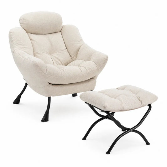 Sillón y reposapiés de poliéster beige con estructura de acero