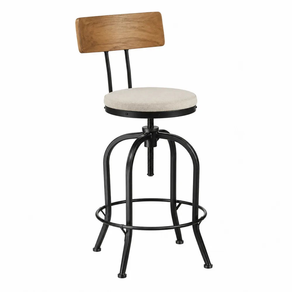 Taburete ajustable con respaldo de madera de roble y estructura metálica negra