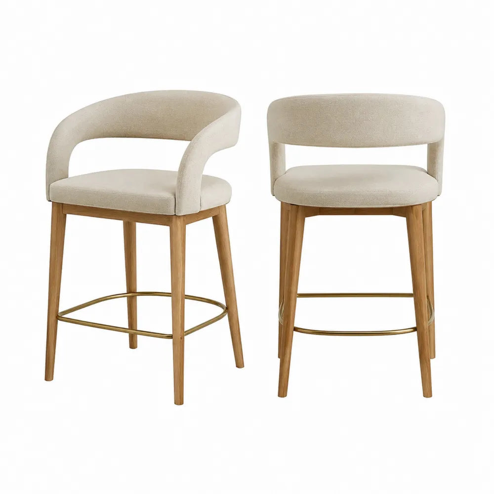 Juego de 2 taburetes de tela beige, madera clara y reposapiés metálico