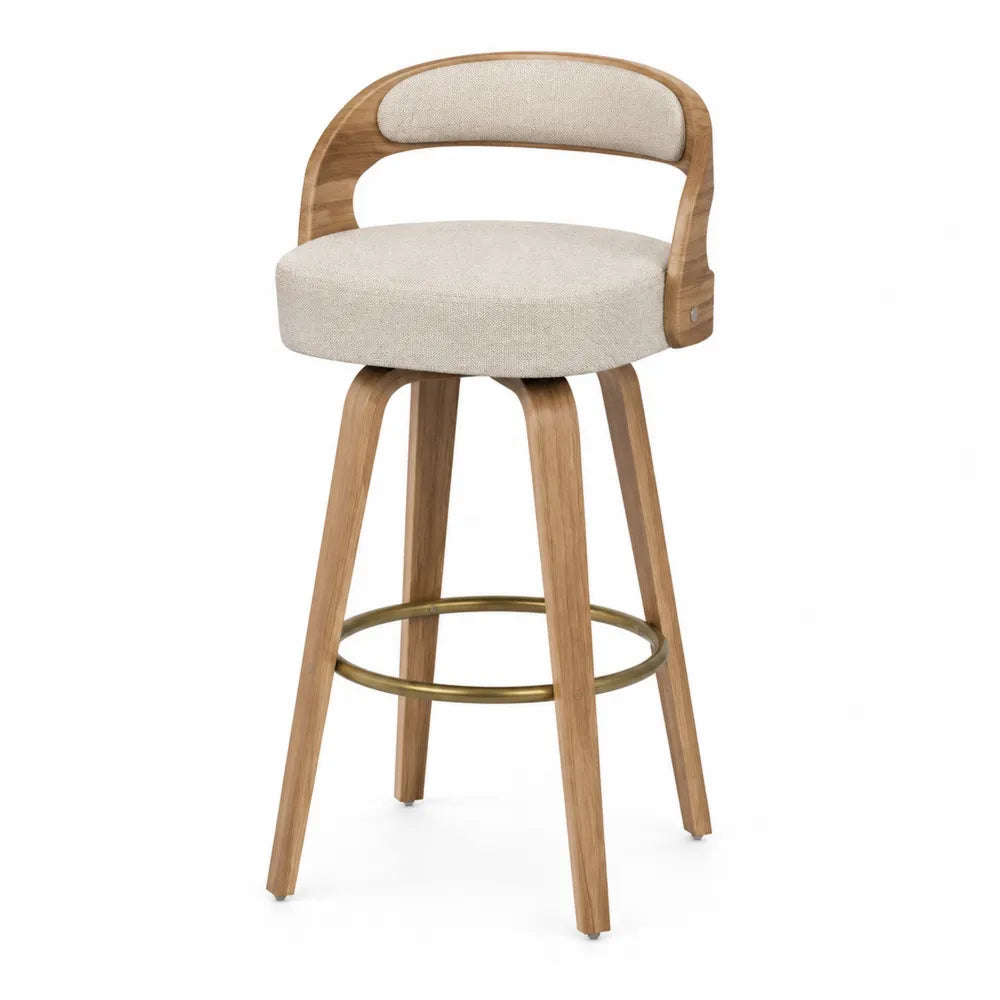 Taburete giratorio de madera y lino beige con reposapiés