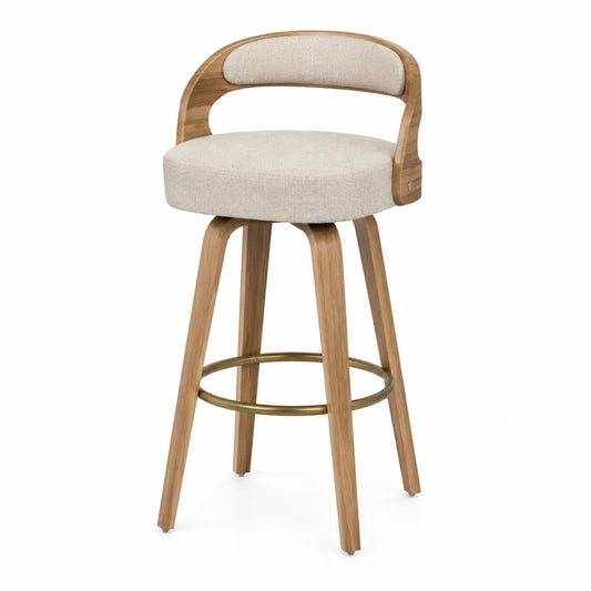 Taburete giratorio de madera y lino beige con reposapiés
