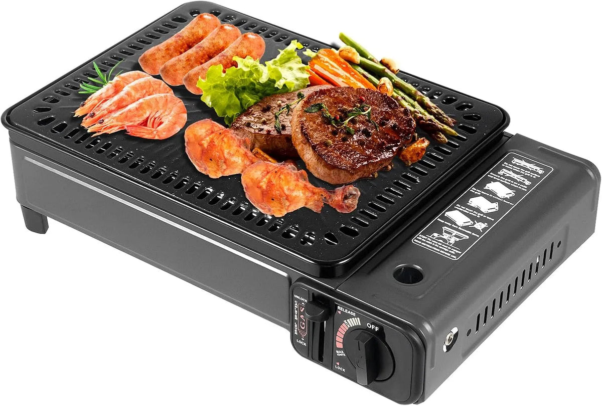 KOLHGNSE 2-in-1, Gødningsstoffer til naturgasbrug, bærbar camping komfur og gagrill Lille inkl. grill tilbehør sæt og kuffert 41, 5, Grå, 11cm