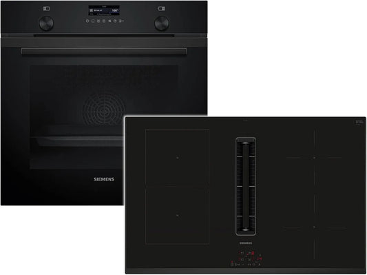 Siemens PQ527EA6BZ HB279GBB3, Komfursæt, Set Pyrolyse Bagning Furnace Deep sort Inox + Induction Coobec Fume ED851BS16E, Sort / sølv, 279G