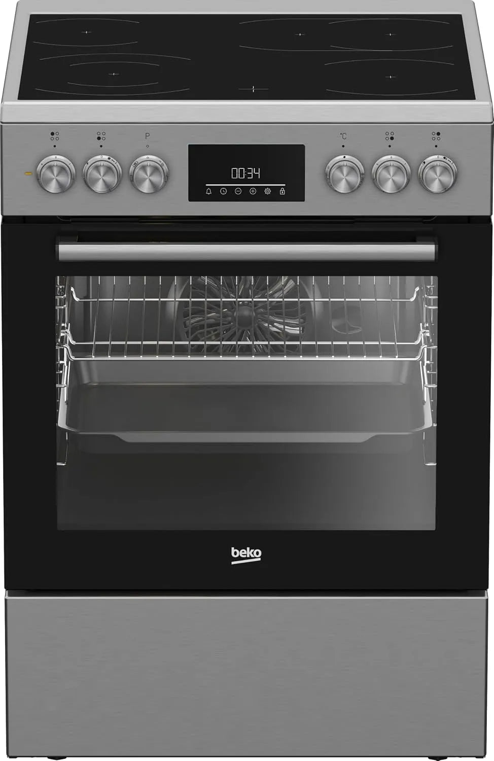 Beko FBM67320XS, Komfurer, fritstående komfur, 60 cm ovn, 72 l volumen, damprensning SteamShine, 8 typer, Sølv, 60 cm, 72 l