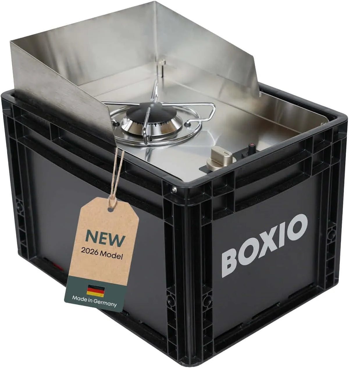 BOXIO, COOK 2.0: Gaskomfur til camping med 1800 watt, piezo tænding og vindbeskyttelse i, Sort, 1800 w, 300 w