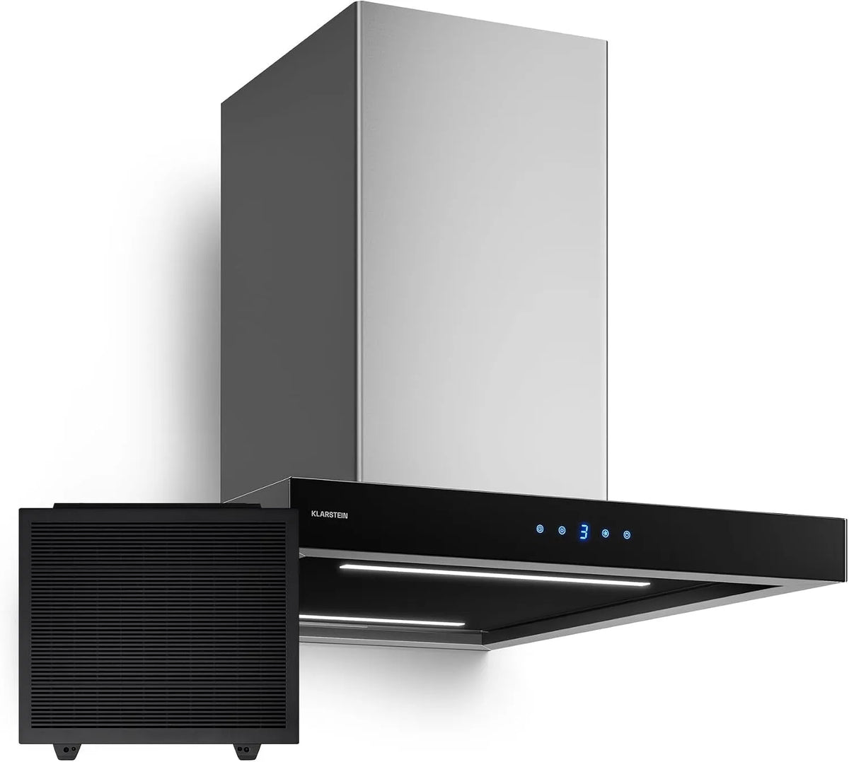 Klarstein, Væghængte emhætter, Clearstein Valeria Island rækkevidde hætte - loft rækkevidde 632 m3 / h, touch, Sort / sølv, 23, 7 kW