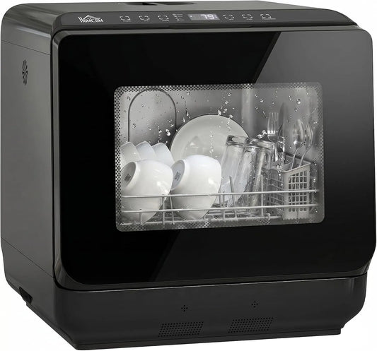 HOMCOM, Bordopvaskemaskiner, Mini opvaskemaskine med 4 tailor- made lofts 5 programmer, Sort, 45L, 6 L, 20 cm, 44.7L
