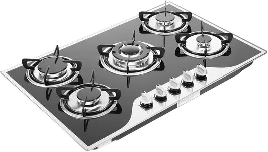 dgfedeg, Kogeplader, Gas Hob 5 Flamme Med glasmlade, 5 zoner Glas Gas Hob - Til naturgas eller Lpg, Sort, 3kW, 10236 BTU, 2, 75kW, 9383 BTU