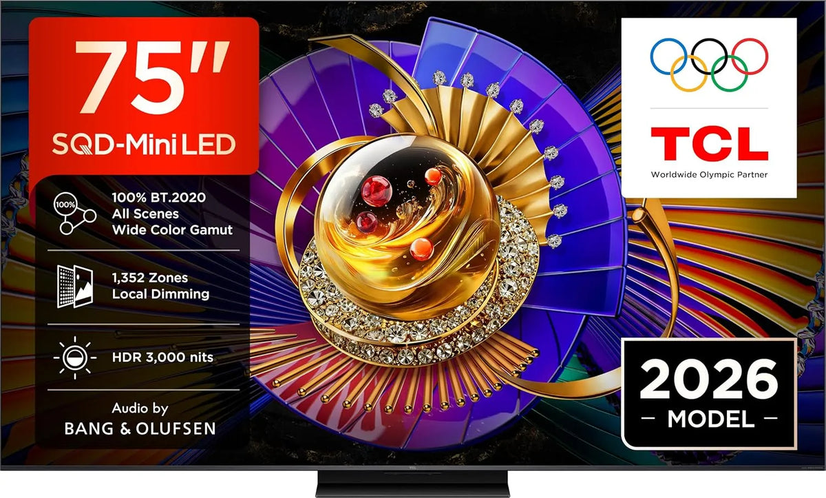 TCL 75C7L, Bærbare TV'er, TV 75 tommer SQD- mini LED 4K Smart TV, 2600 Nits HDR, 144Hz Motion Clarity Pro, Sort, 7L, mini LED, 4K, 144Hz