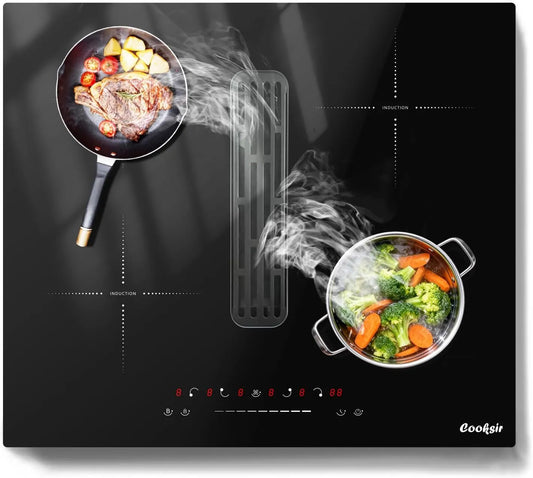 Cooksir, Kogeplader, Induktionsspole 4 plader med dampudtrækker, kogespole 60cm build- in, Sort, 60cm, 575 × 490 mm, 6400 W, 135 W